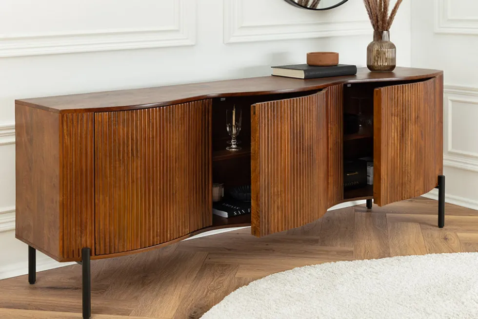 Massives Sideboard GRANDEUR 180cm braun Mangoholz schwarz Metall