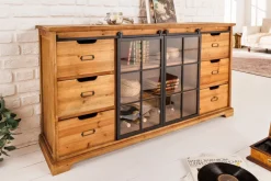 Massives Sideboard HERITAGE 150cm natur Pinienholz Industrial-Türen Metall Vitrine