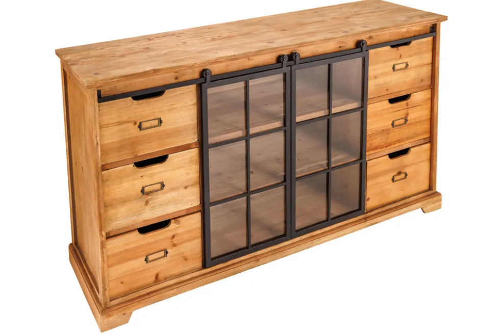 Massives Sideboard HERITAGE 150cm natur Pinienholz Industrial-Türen Metall Vitrine