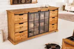 Massives Sideboard HERITAGE 150cm natur Pinienholz Industrial-Türen Metall Vitrine