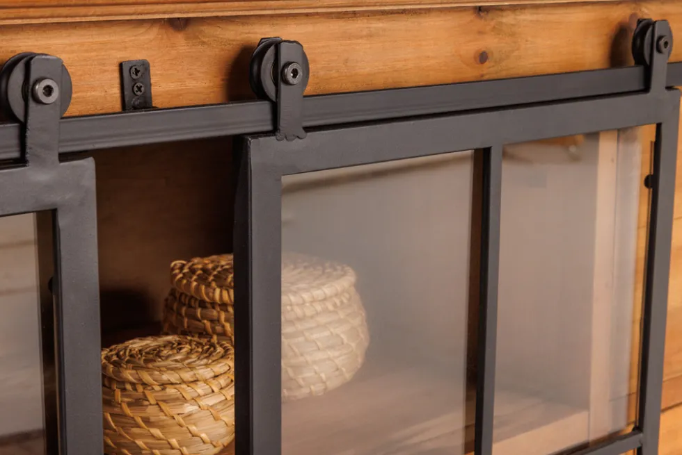 Massives Sideboard HERITAGE 150cm natur Pinienholz Industrial-Türen Metall Vitrine