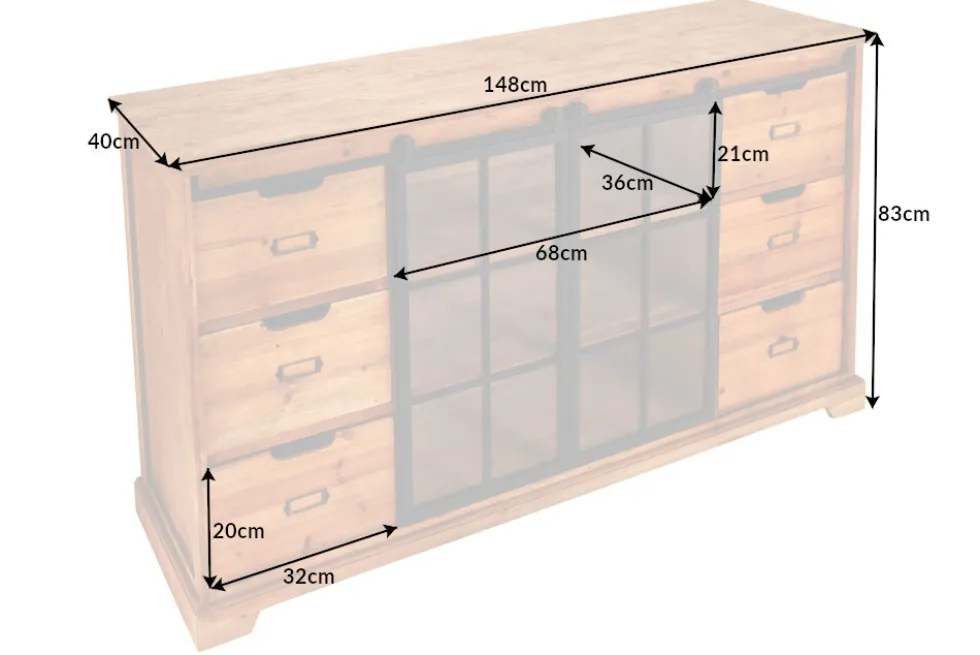 Massives Sideboard HERITAGE 150cm natur Pinienholz Industrial-Türen Metall Vitrine