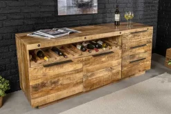 Massives Sideboard IRON CRAFT 175cm natur Mangoholz mit Schubladen Weinregal