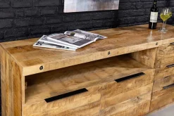 Massives Sideboard IRON CRAFT 175cm natur Mangoholz mit Schubladen Weinregal