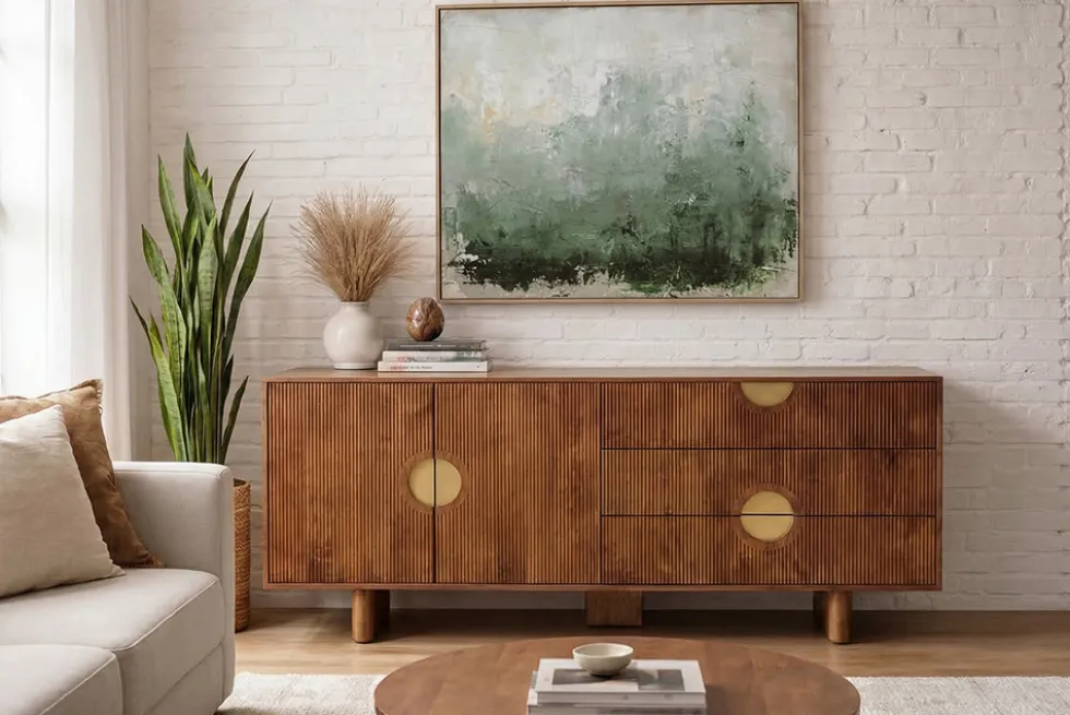 Massives Sideboard MADISON 180cm braun Mangoholz mit Schubladen und strukturierter Front