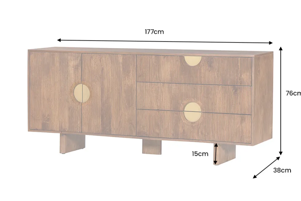 Massives Sideboard MADISON 180cm braun Mangoholz mit Schubladen und strukturierter Front