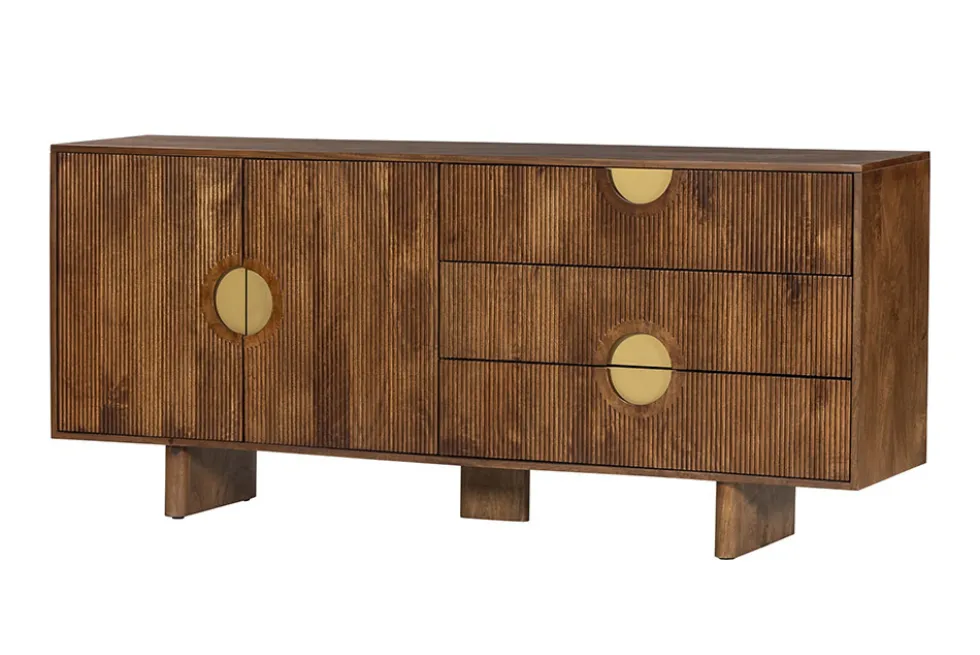 Massives Sideboard MADISON 180cm braun Mangoholz mit Schubladen und strukturierter Front