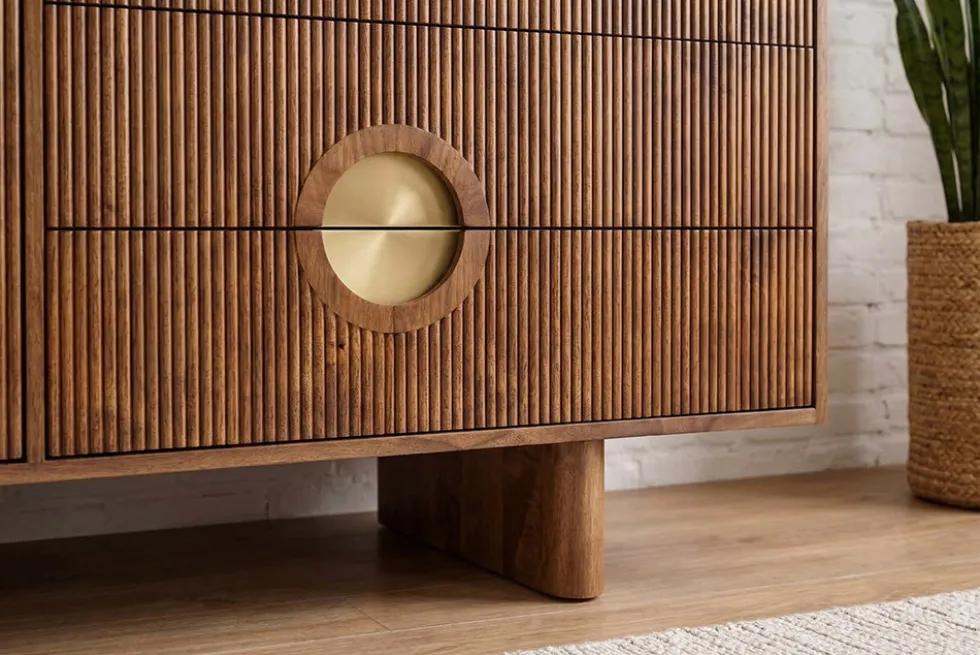 Massives Sideboard MADISON 180cm braun Mangoholz mit Schubladen und strukturierter Front