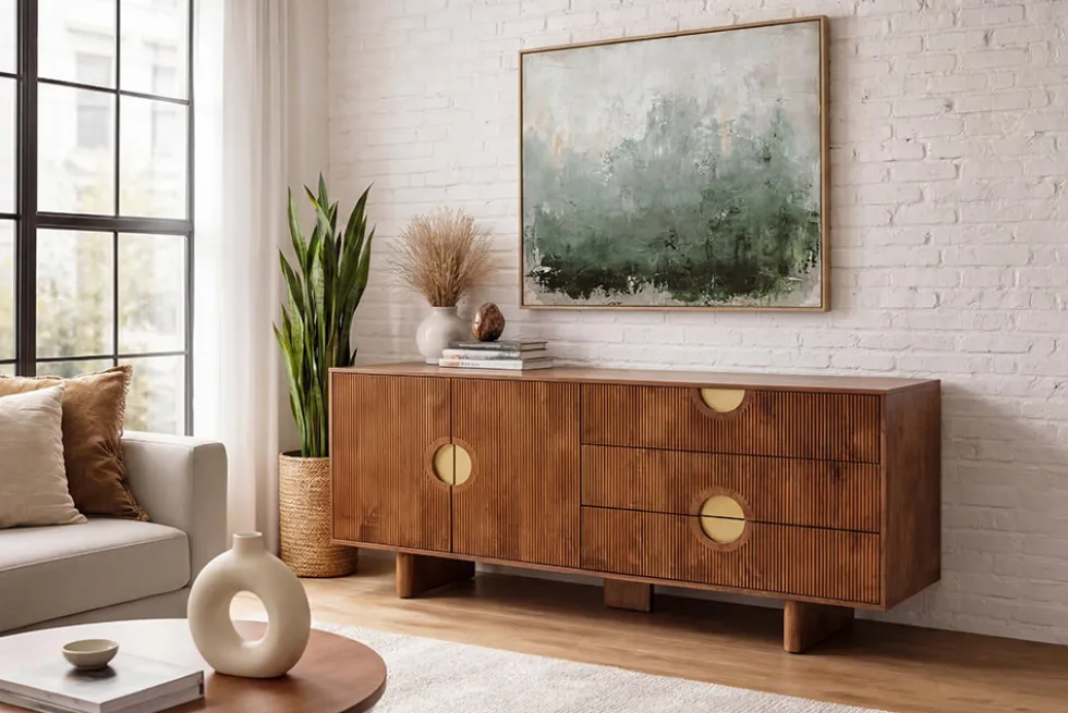 Massives Sideboard MADISON 180cm braun Mangoholz mit Schubladen und strukturierter Front