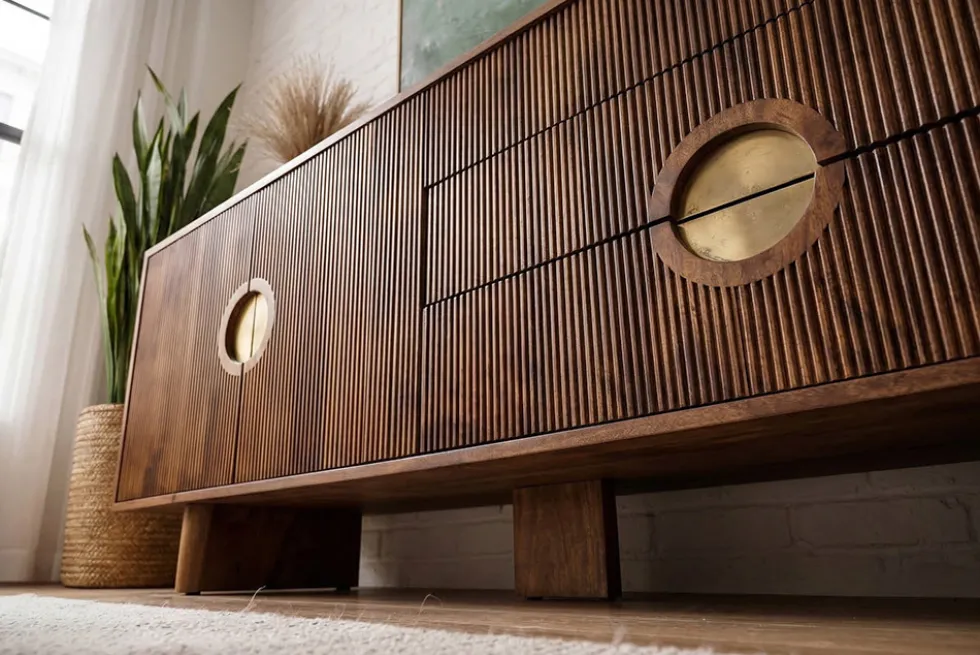 Massives Sideboard MADISON 180cm braun Mangoholz mit Schubladen und strukturierter Front