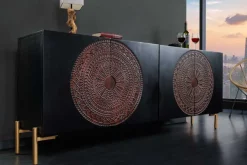 Massives Sideboard MANDALA 160cm Mangoholz schwarz mit 3D Schnitzereien goldene Füße