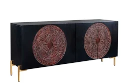 Massives Sideboard MANDALA 160cm Mangoholz schwarz mit 3D Schnitzereien goldene Füße