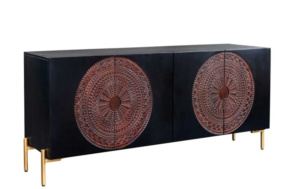 Massives Sideboard MANDALA 160cm Mangoholz schwarz mit 3D Schnitzereien goldene Füße