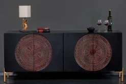 Massives Sideboard MANDALA 160cm Mangoholz schwarz mit 3D Schnitzereien goldene Füße