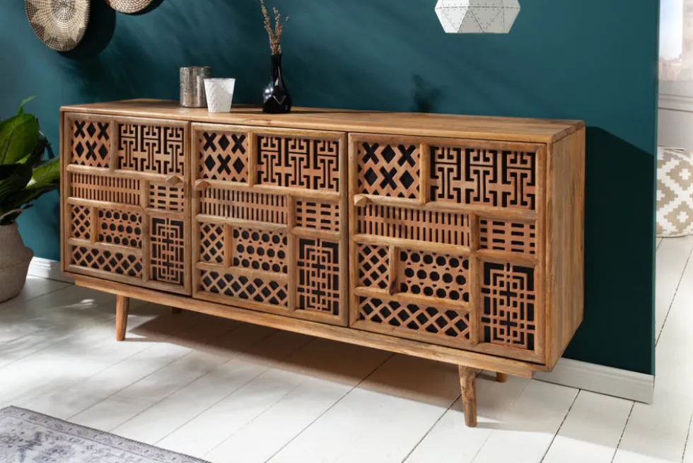 Massives Sideboard MARRAKESCH 160cm Mangoholz mit Verzierung Boho Stil