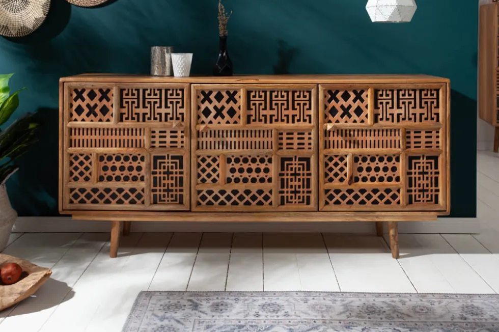 Massives Sideboard MARRAKESCH 160cm Mangoholz mit Verzierung Boho Stil
