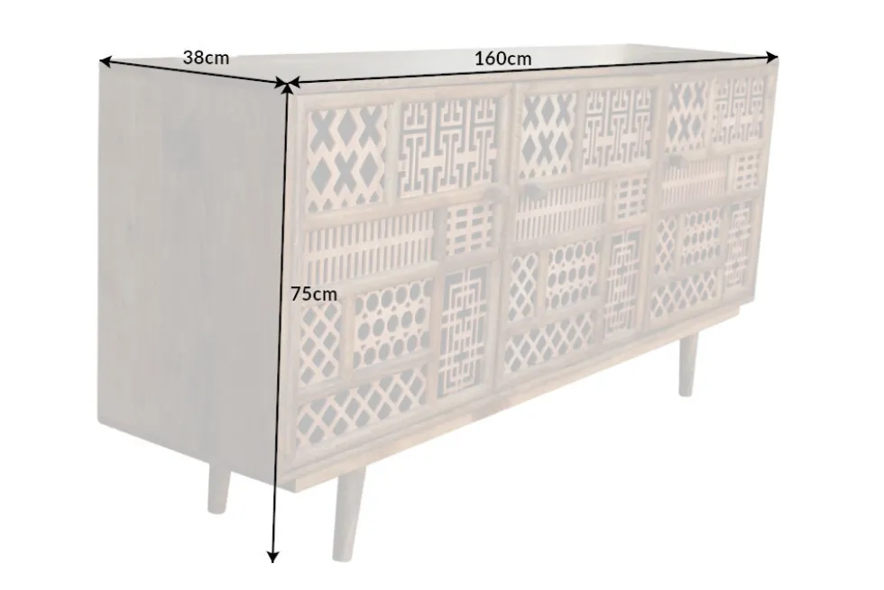 Massives Sideboard MARRAKESCH 160cm Mangoholz mit Verzierung Boho Stil