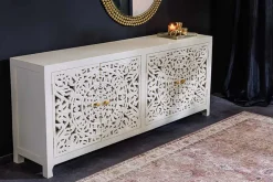 Massives Sideboard MARRAKESCH 170cm weiß Mangoholz mit Verzierung handmade