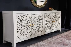 Massives Sideboard MARRAKESCH 170cm weiß Mangoholz mit Verzierung handmade