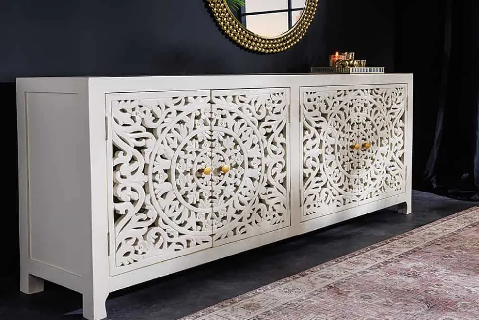 Massives Sideboard MARRAKESCH 170cm weiß Mangoholz mit Verzierung handmade