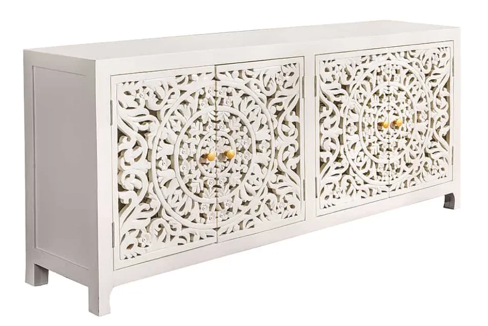 Massives Sideboard MARRAKESCH 170cm weiß Mangoholz mit Verzierung handmade