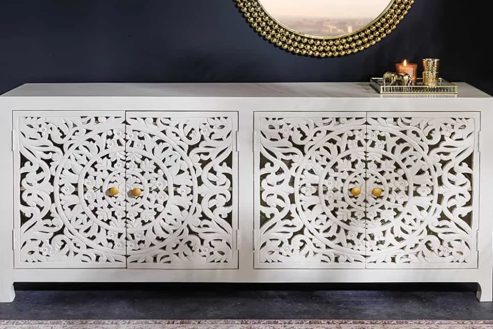 Massives Sideboard MARRAKESCH 170cm weiß Mangoholz mit Verzierung handmade
