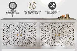 Massives Sideboard MARRAKESCH 170cm weiß Mangoholz mit Verzierung handmade
