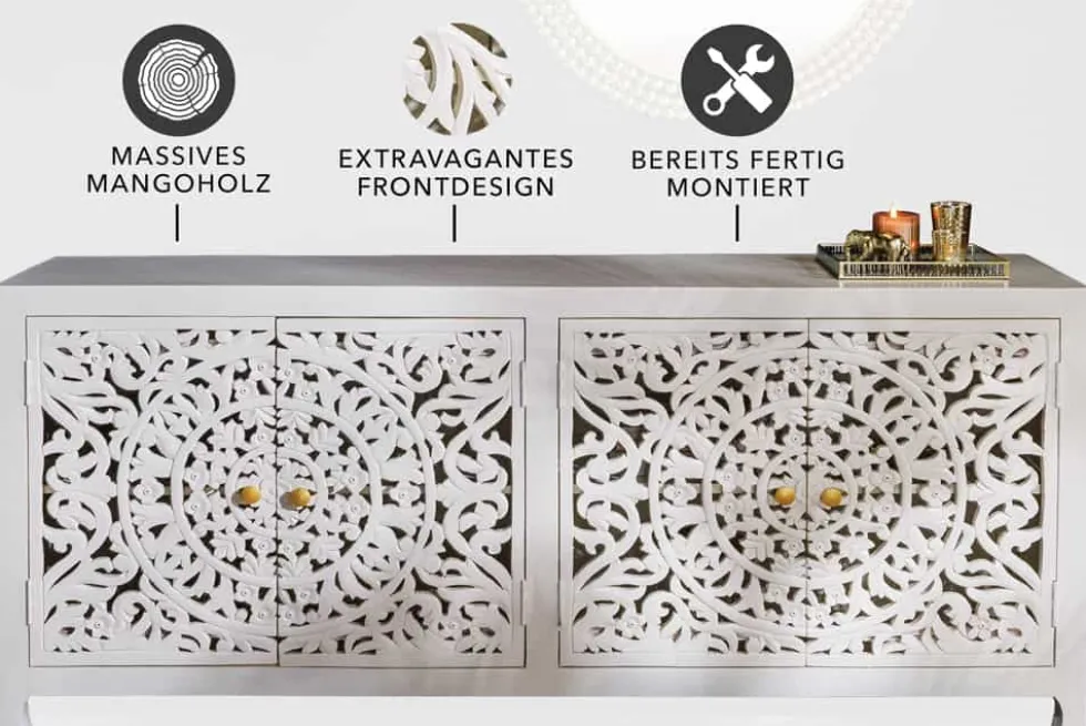 Massives Sideboard MARRAKESCH 170cm weiß Mangoholz mit Verzierung handmade
