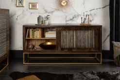 Massives Sideboard ONYX 160cm dunkelbraun gold Mangoholz Edelstein Achat Schiebetüren