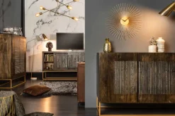 Massives Sideboard ONYX 160cm dunkelbraun gold Mangoholz Edelstein Achat Schiebetüren