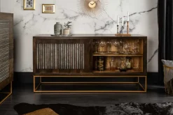 Massives Sideboard ONYX 160cm dunkelbraun gold Mangoholz Edelstein Achat Schiebetüren