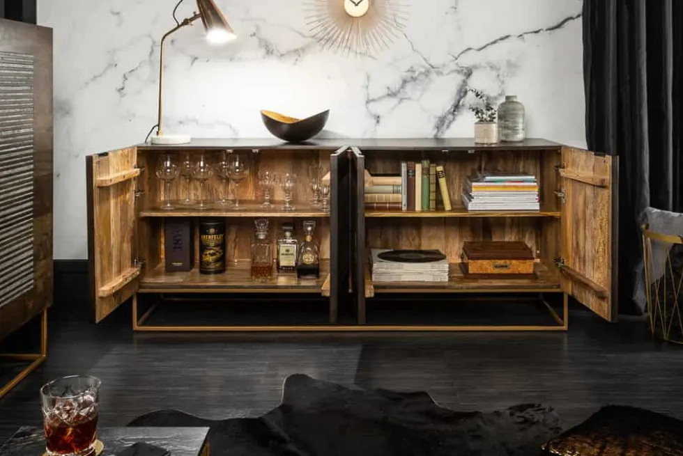 Massives Sideboard ONYX 180cm dunkelbraun Mangoholz Edelstein Achat gold Metallgestell