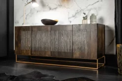 Massives Sideboard ONYX 180cm dunkelbraun Mangoholz Edelstein Achat gold Metallgestell