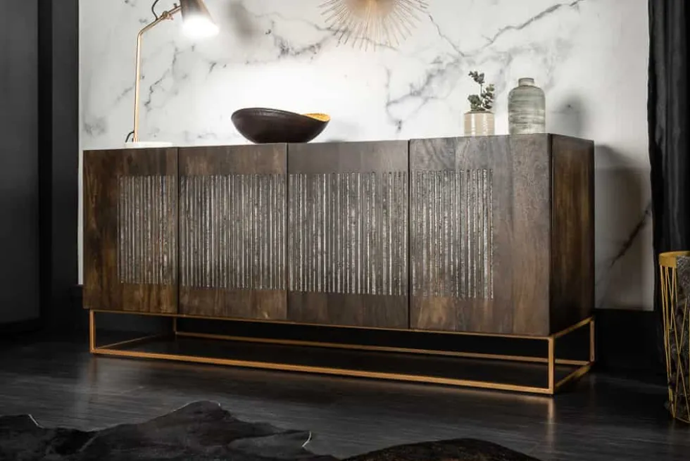 Massives Sideboard ONYX 180cm dunkelbraun Mangoholz Edelstein Achat gold Metallgestell