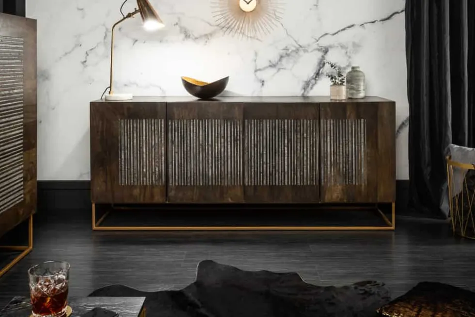 Massives Sideboard ONYX 180cm dunkelbraun Mangoholz Edelstein Achat gold Metallgestell
