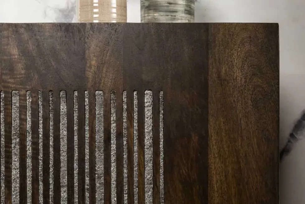 Massives Sideboard ONYX 180cm dunkelbraun Mangoholz Edelstein Achat gold Metallgestell