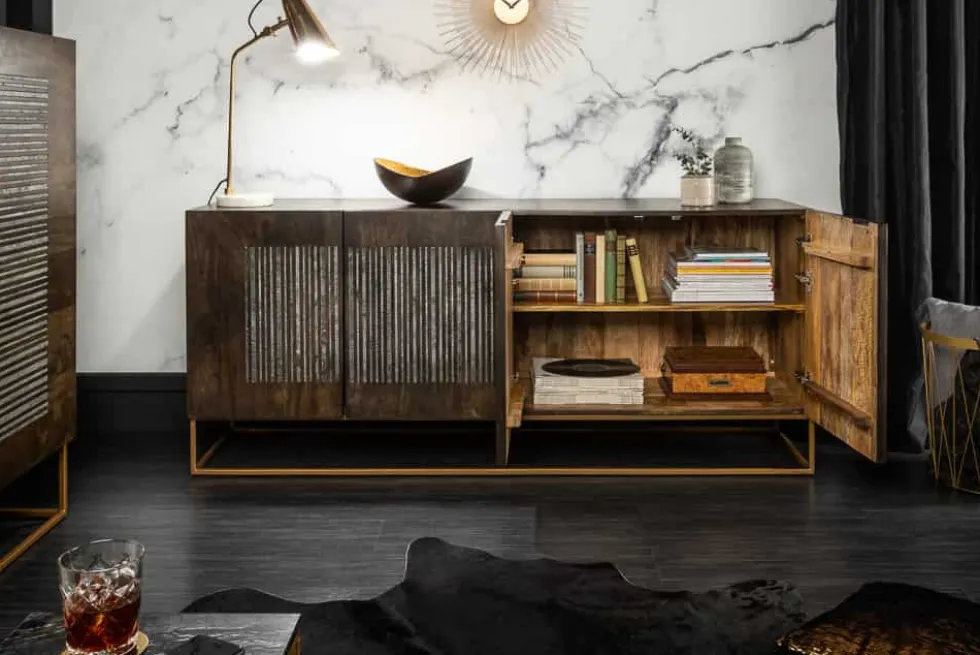 Massives Sideboard ONYX 180cm dunkelbraun Mangoholz Edelstein Achat gold Metallgestell