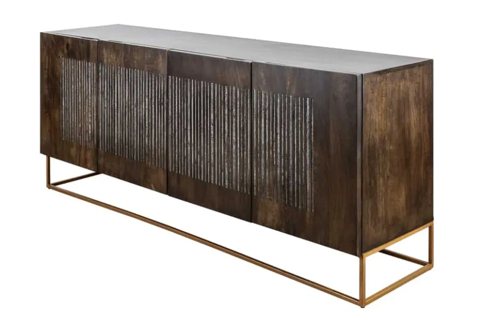 Massives Sideboard ONYX 180cm dunkelbraun Mangoholz Edelstein Achat gold Metallgestell