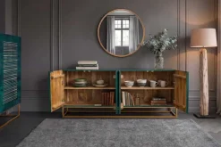 Massives Sideboard ONYX 180cm türkis Mangoholz Achat Edelstein gold Metallgestell