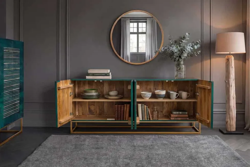 Massives Sideboard ONYX 180cm türkis Mangoholz Achat Edelstein gold Metallgestell