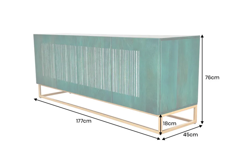 Massives Sideboard ONYX 180cm türkis Mangoholz Achat Edelstein gold Metallgestell