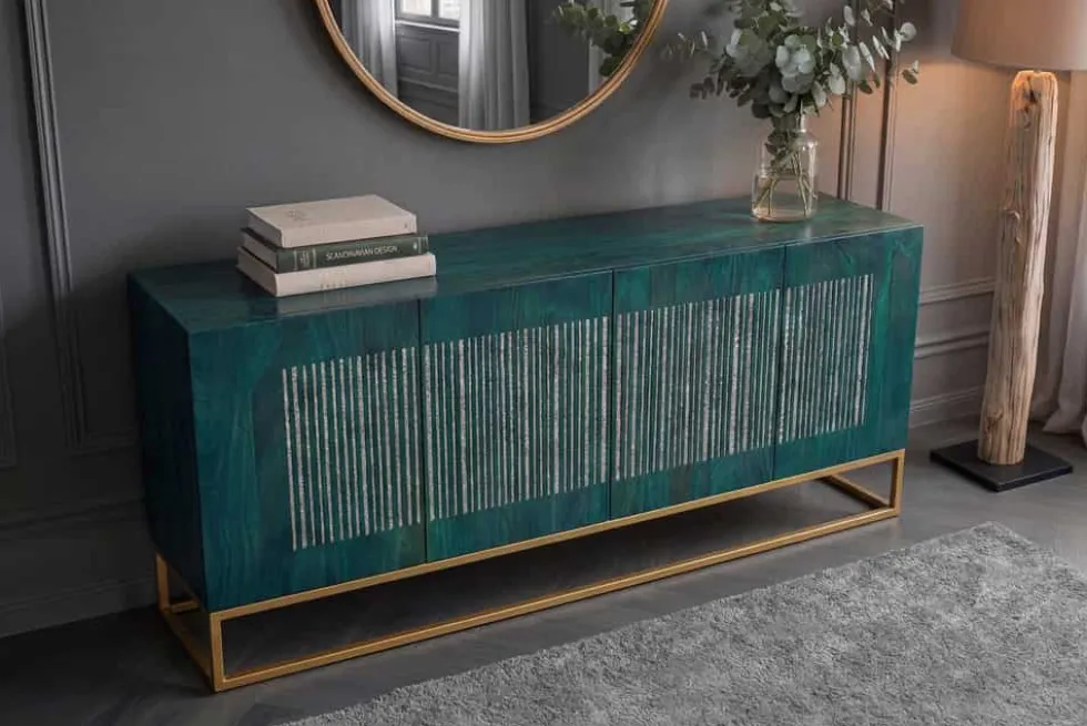 Massives Sideboard ONYX 180cm türkis Mangoholz Achat Edelstein gold Metallgestell