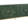 Massives Sideboard PEACOCK 175cm grün Mangoholz antik 3D Schnitzerei Pfau-Design