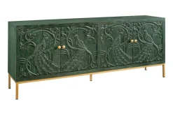 Massives Sideboard PEACOCK 175cm grün Mangoholz antik 3D Schnitzerei Pfau-Design