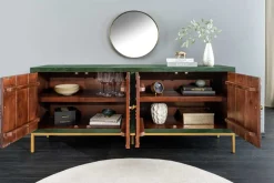 Massives Sideboard PEACOCK 175cm grün Mangoholz antik 3D Schnitzerei Pfau-Design