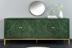 Massives Sideboard PEACOCK 175cm grün Mangoholz antik 3D Schnitzerei Pfau-Design