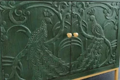 Massives Sideboard PEACOCK 175cm grün Mangoholz antik 3D Schnitzerei Pfau-Design