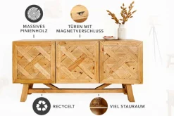 Massives Sideboard RIVIERA 155cm natur recyceltes Pinienholz Bohlenoptik