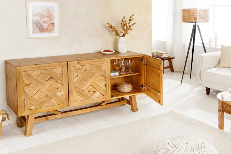 Massives Sideboard RIVIERA 155cm natur recyceltes Pinienholz Bohlenoptik