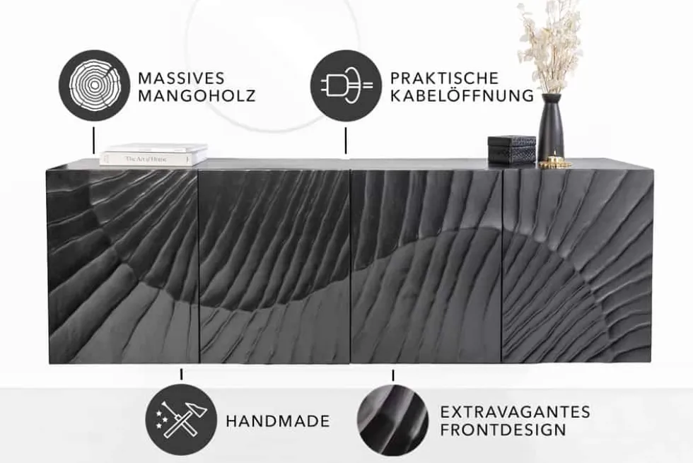 Massives Sideboard SCORPION 180cm schwarz hängend Mangoholz 3D-Design